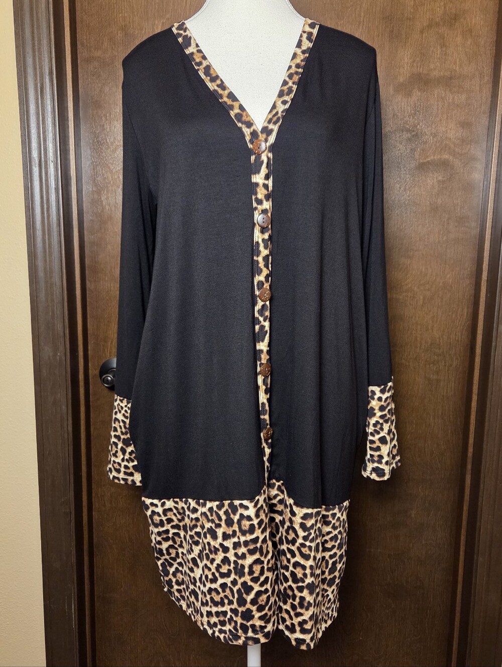 Black Leopard Trim Button-Front Tunic